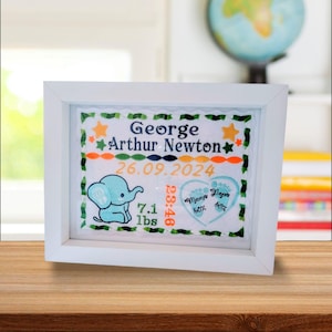 Personalised Baby Stats Frame: Embroidered Elephant Newborn Gift