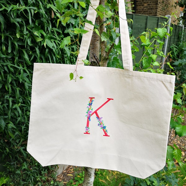 Personalised Floral Tote Bag, Large Cotton Tote Bag, Strong Totes, Personalised Embroidered Shopping Bag