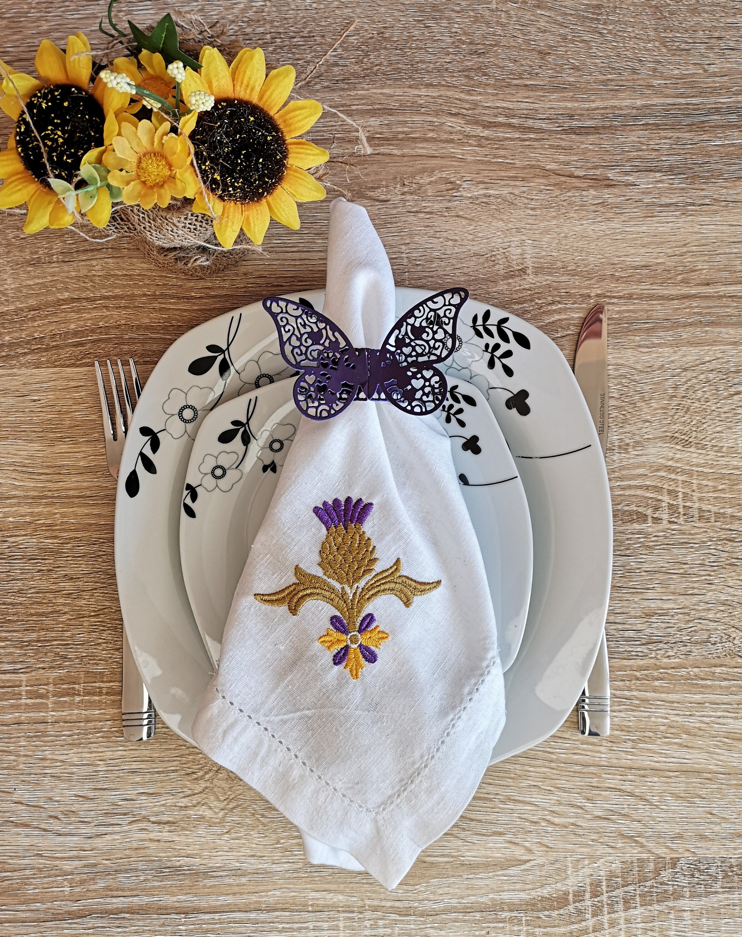 Scottish Cotton Napkins, St Andrew Day Gift, Golden Scottish Thistle, Embroider Scottish Napkins