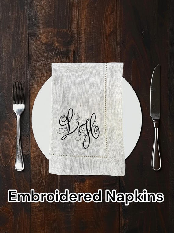 Embroidered Monogrammed Cotton Napkins: Hemstitched Dinner Serviette