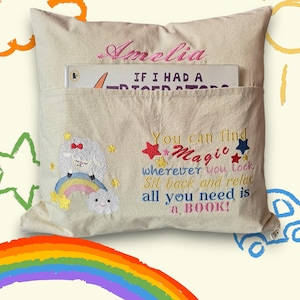 Personalized Embroidered Reading Cushion: Kids Storytime Pocket Pillow
