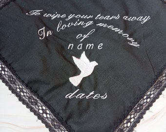 Grief Memorial Handkerchief, Personalised Funeral Handkerchief, In Loving Memory Hankie, Black Handkerchief, Black Personalised Hanky