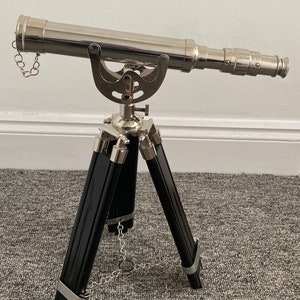 Marine Telescope Antique Silver with Black Wooden Tripod Stand Nautical Decor 13”