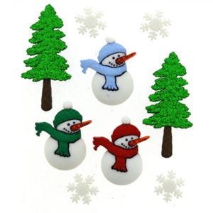 May include: Three snowmen with different colored hats and scarves, two green pine trees, and four white snowflakes. The snowmen are all smiling and have carrot noses.