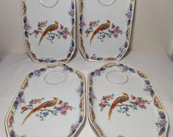 Antique Union T Czechoslovakia Golden Pheasant Snack Plates - Set of 4 Porcelain Tea Trays, 1920s Art Deco Bird Luncheon Plates