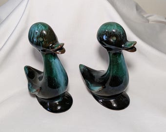 Vintage Blue Mountain Pottery Duck & Duckling Figurine Pair | Canadian BMP Green Drip Glaze | Mid-Century Pottery Birds