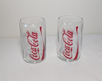 Set of 2 Vintage Coca-Cola Can Shaped Glasses | Retro Coke Drinking Glasses | Soda Collector Barware | Classic Coca-Cola Cups
