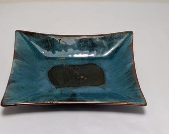 Vintage McMaster Craft Canada Pottery Square Dish, Mid-Century Modern Aqua Blue & Brown Drip Glaze Catchall