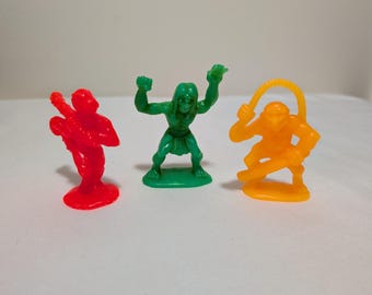 Vintage 1982 Arco Dragon Monster Mini Figures Set of 3 – Green Giant Troll, Red Lizard, Barbarian w/ Club – Rare Plastic Castle Toys