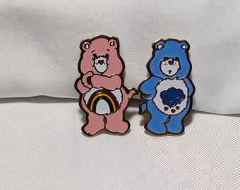 Vintage 1983 Care Bears Enamel Pins Set of 2 | Cheer Bear & Grumpy Bear | Retro Collectible Pins