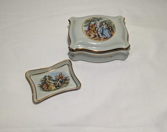 Boîte à bijoux victorienne vintage peinte à la main avec plateau et bordure dorée