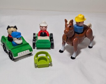 Lot Little People Fisher-Price des années 1970 | Jouets vintage pour tout-petits, cheval, chien, voitures