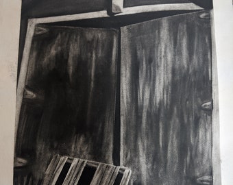 納屋の扉の木炭画の版画