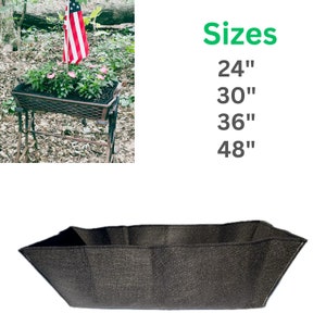 May include: A dark brown rectangular planter with white stitching. The image also shows a planter with flowers and an American flag. Sizes available: 24", 30", 36", and 48".