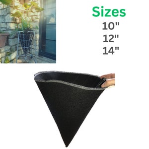 May include: Black fabric plant pot with a white seam. The pot is shaped like a cone and is being held by a hand. The text "Sizes" is written in green above the numbers "10", "12", and "14" in inches.