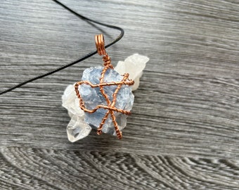 Blue Calcite Necklace, raw blue calcite, wire wrapped pendant, calming crystal necklace