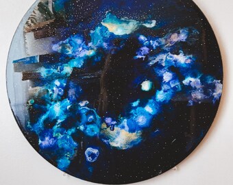 18” Galaxy Painting | inspired by deep space, nebulae, and the cosmos | ink + acrylic on wood panel.