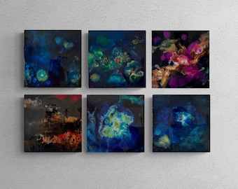Galaxy Art Set of 6 – Small Abstract Space Paintings on Wood Panel with Resin Finish – Cosmic Ink Wall Art for Modern Home or Office