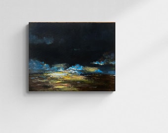 Stormy Horizon: Original Abstract Landscape Painting - Moody Sky and Golden Plains Wall Art