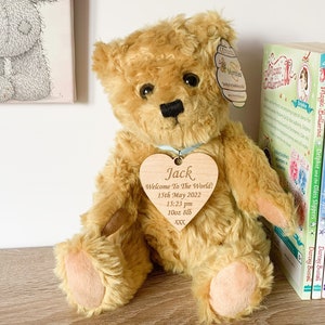 Personalised New Baby Teddy Bear, Laser Engraved Jointed Mumbles Bear, Christening Teddy Bear, Personalised New Baby Gift, New Born Keepsake