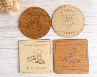 Personalised Children's Wood Coaster - Laser Engraved 1st Birthday Christening Gift - Teddy Rocking Horse Steam Train Fairy - Gift Girl Boy