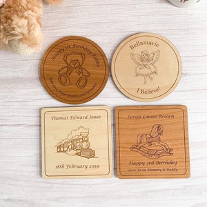 Personalised Children&#39;s Wood Coaster - Laser Engraved 1st Birthday Christening Gift - Teddy Rocking Horse Steam Train Fairy - Gift Girl Boy