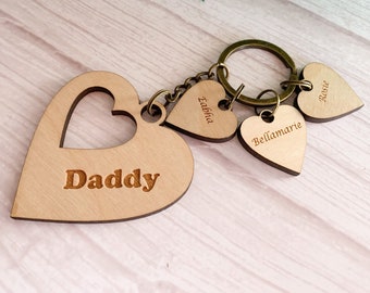 Personalised Daddy Keyring - Laser Engraved Keyring - Daddy, Children Keyring - Wood Heart Keyring - Silver/Bronze Chain - Mummy Keyring