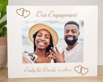 Personalised Engagement Photo Frame, Laser Engraved White Photo Frame, Unique Engagement Couple Gift, Hearts Love Anniversary Photo Frame