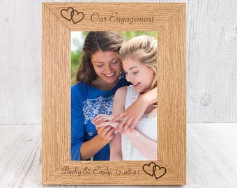 Personalised Engagement Photo Frame, Custom Anniversary Frame, Laser Engraved Linked Heart Frame, Unusual Anniversary Gift For Wife Couple