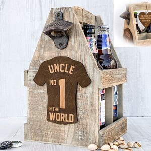 Personalised Uncle Bottle Carrier, Engraved Wooden Beer Caddy Holder, No 1 Uncle Football Shirt, Uncle Birthday Present Gift, Beer Crate