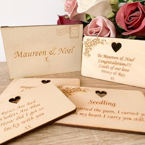 Cartão de madeira personalizado e envelope, cartão de mensagem de presente tamanho carteira, mensagem gravada a laser, presente para noiva, poema de cartão de mensagem de aniversário