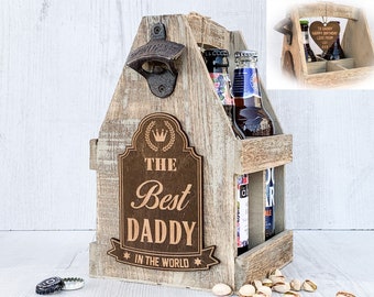 Personalised Daddy Beer Bottle Carrier, Engraved Wooden Beer Caddy Holder, Best Daddy In The World, Dad Birthday Present Gift, Beer Crate