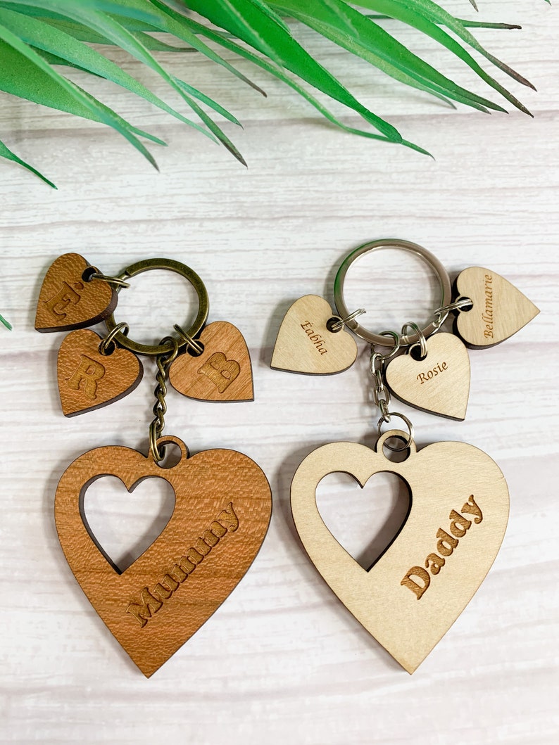 Personalised Daddy Keyring Laser Engraved Keyring Daddy, Children Keyring Wood Heart Keyring Silver/Bronze Chain Mummy Keyring image 10