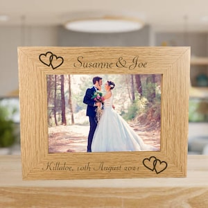 Personalised Heart Photo Frame | Laser Engraved Natural Wood Photo Frame | Wedding Frame | Anniversary Engagement Frame | Linked Hearts