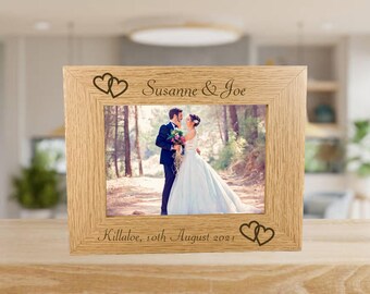 Personalised Heart Photo Frame | Laser Engraved Natural Wood Photo Frame | Wedding Frame | Anniversary Engagement Frame | Linked Hearts