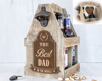 Portabotellas de cerveza de papá personalizado, soporte de carrito de cerveza de madera grabado, mejor papá del mundo, regalo de cumpleaños de papá, papá de caja de cerveza