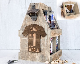 Portador de botella de cerveza de papá personalizado, soporte de carrito de cerveza de madera grabado, camiseta de fútbol de papá número 1, regalo de cumpleaños de papá, caja de cerveza