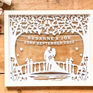 Cornice personalizzata in carta tagliata per matrimonio, cornice con effetto galleggiante per sposi e sposi, decorazione murale personalizzata per matrimonio, regalo unico per sposi e sposi