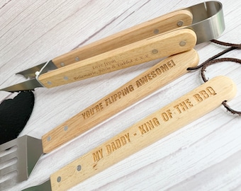 Personalised BBQ Utensil Set, Laser Engraved BBQ Tool Set, Outdoor Dining Grill Utensils, Custom Wooden Tongs Spatula Fork, Dad BBQ Gift