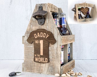 Personalised Daddy Beer Bottle Carrier, Engraved Wooden Beer Caddy Holder, No 1 Daddy Football Shirt, Dad Birthday Present Gift, Beer Crate
