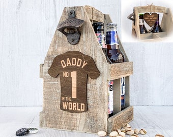 Portador de botella de cerveza de papá personalizado, soporte de carrito de cerveza de madera grabado, camiseta de fútbol de papá número 1, regalo de cumpleaños de papá, caja de cerveza