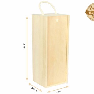 May include: A natural wood wine bottle gift box with a rope handle. The box measures 10.5 cm by 11 cm by 35 cm.