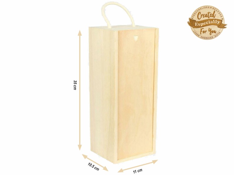 May include: A natural wood wine bottle gift box with a rope handle. The box measures 10.5 cm by 11 cm by 35 cm.