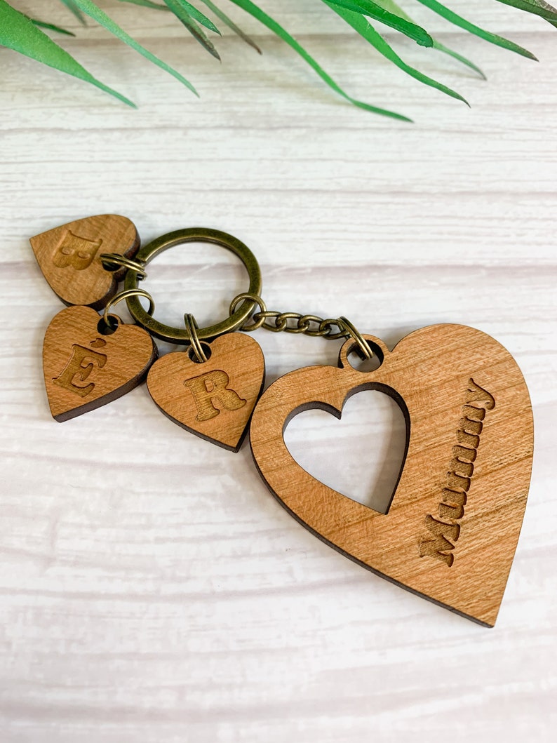 Personalised Daddy Keyring Laser Engraved Keyring Daddy, Children Keyring Wood Heart Keyring Silver/Bronze Chain Mummy Keyring Mummy - Bronze Chain