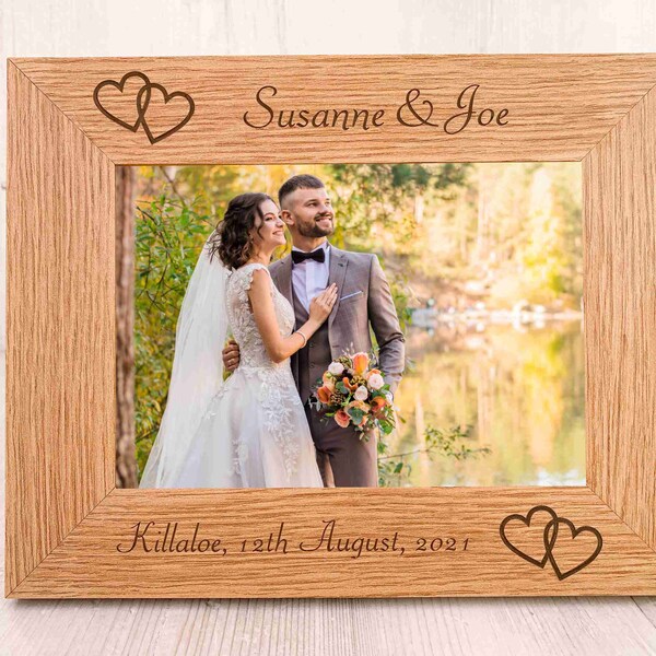 Personalised Wedding Photo Frame, Laser Engraved Wedding Photo Frame, Bride And Groom Photo Frame Gift, Linked Heart Anniversary Photo Frame