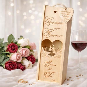 Personalised Engagement Champagne Box, Wine Bubbly Gift Box, Laser Engraved Engagement Keepsake, Unique Unusual Engagement Gift For Couple image 1