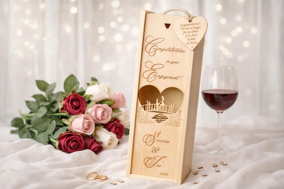 Personalised Engagement Champagne Box, Wine Bubbly Gift Box, Laser Engraved Engagement Keepsake, Unique Unusual Engagement Gift For Couple