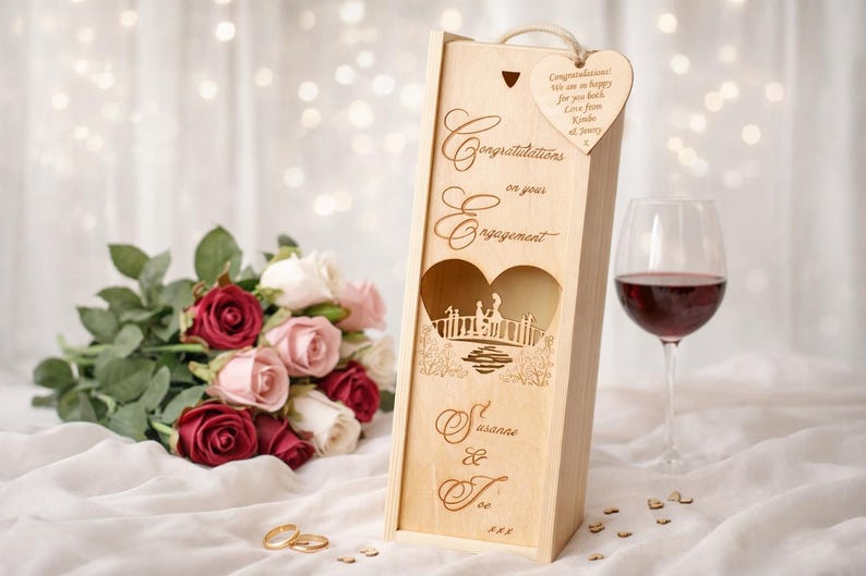 Personalised Engagement Champagne Box, Wine Bubbly Gift Box, Laser Engraved Engagement Keepsake, Unique Unusual Engagement Gift For Couple image 1