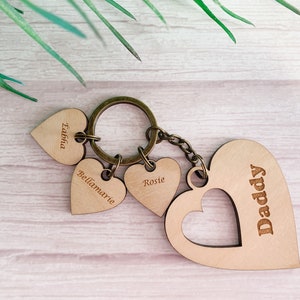 Personalised Daddy Keyring Laser Engraved Keyring Daddy, Children Keyring Wood Heart Keyring Silver/Bronze Chain Mummy Keyring image 4