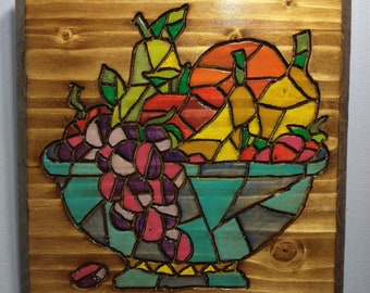 Handmade Stained Glass Look Fruit Bowl Wooden Wall Decor.